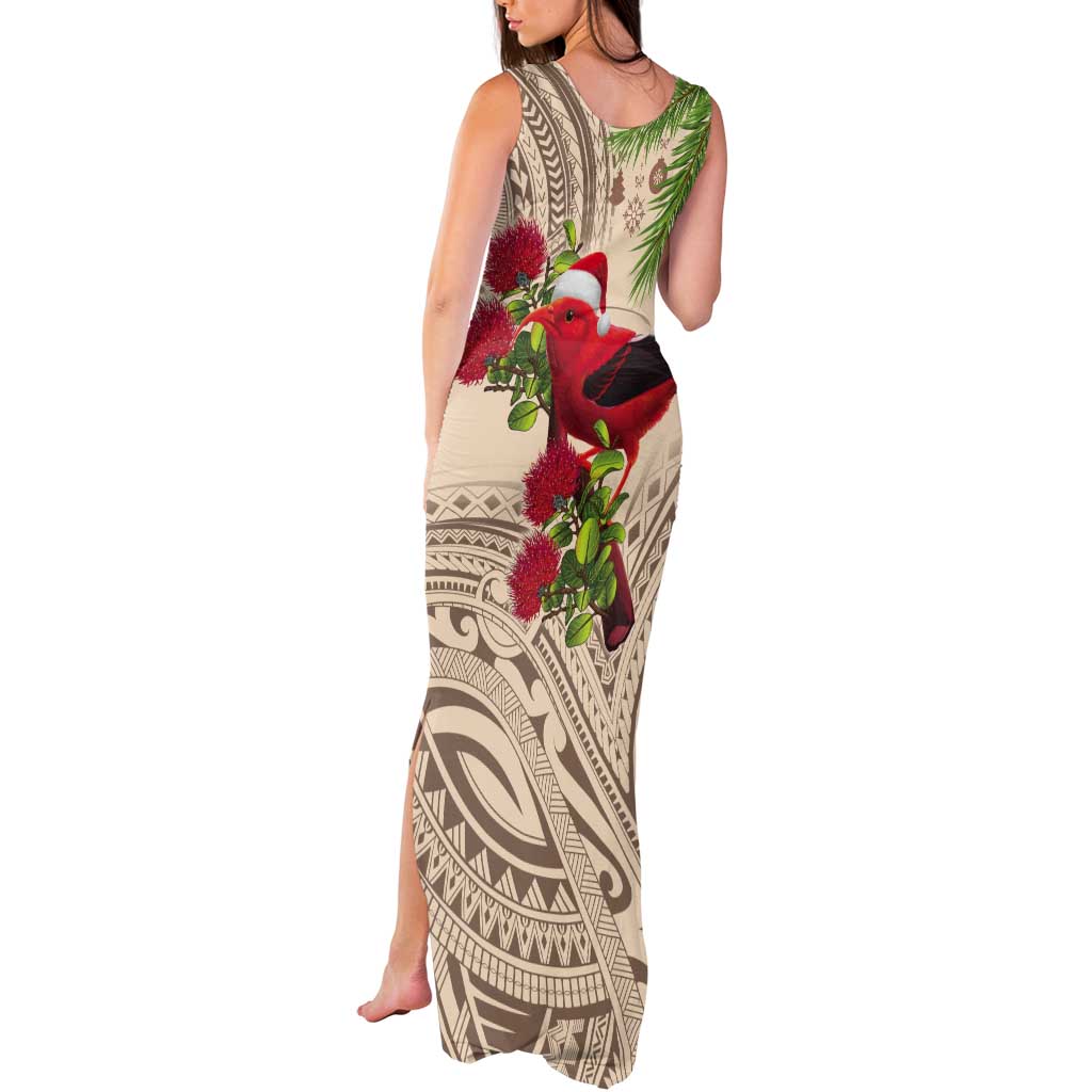 Christmas Hawaii with I'iwi Bird Tank Maxi Dress Aloha Mele Kalikimaka - Beige Art LT9 - Polynesian Pride