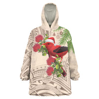 Christmas Hawaii with I'iwi Bird Wearable Blanket Hoodie Aloha Mele Kalikimaka - Beige Art LT9 One Size Beige - Polynesian Pride