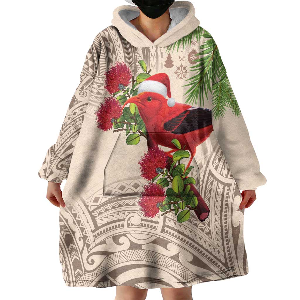 Christmas Hawaii with I'iwi Bird Wearable Blanket Hoodie Aloha Mele Kalikimaka - Beige Art LT9 - Polynesian Pride