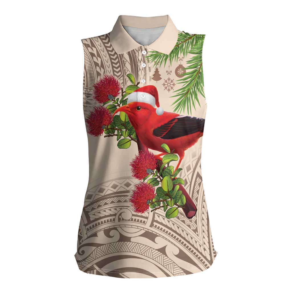 Christmas Hawaii with I'iwi Bird Women Sleeveless Polo Shirt Aloha Mele Kalikimaka - Beige Art LT9 Female Beige - Polynesian Pride