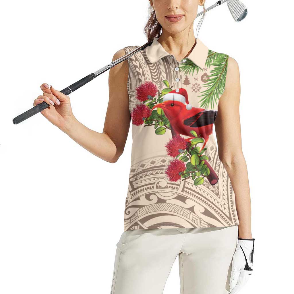 Christmas Hawaii with I'iwi Bird Women Sleeveless Polo Shirt Aloha Mele Kalikimaka - Beige Art LT9 - Polynesian Pride