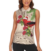 Christmas Hawaii with I'iwi Bird Women Sleeveless Polo Shirt Aloha Mele Kalikimaka - Beige Art LT9 - Polynesian Pride