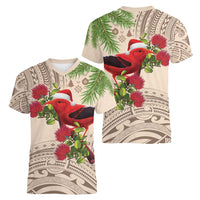 Christmas Hawaii with I'iwi Bird Women V-Neck T-Shirt Aloha Mele Kalikimaka - Beige Art LT9 - Polynesian Pride