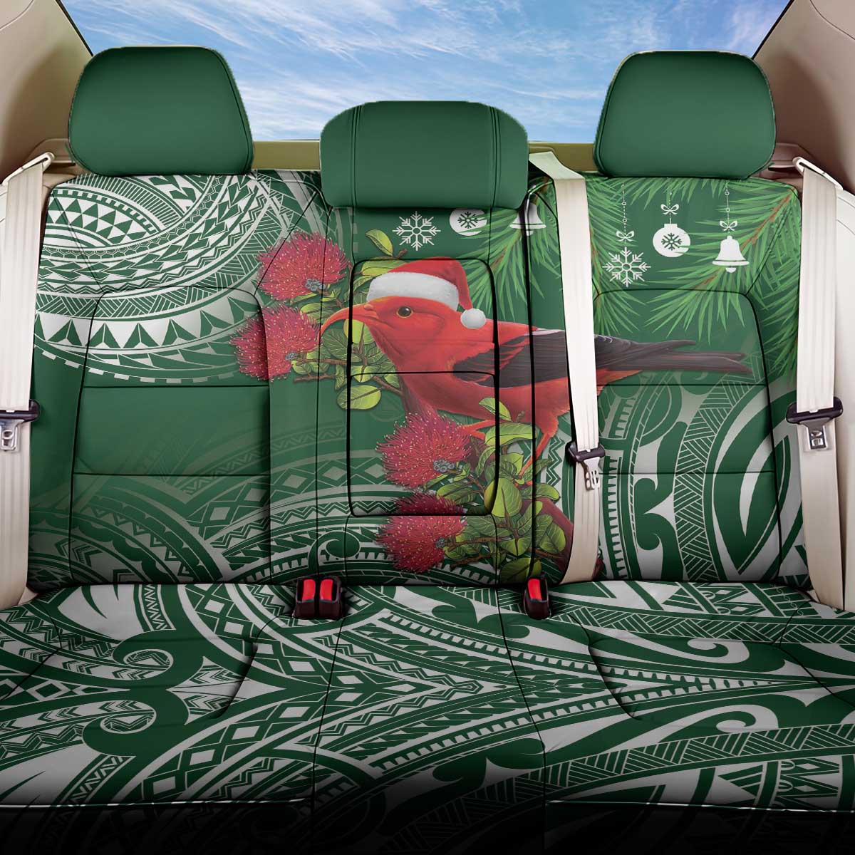 Christmas Hawaii with I'iwi Bird Back Car Seat Cover Aloha Mele Kalikimaka - Green Art LT9 One Size Green - Polynesian Pride