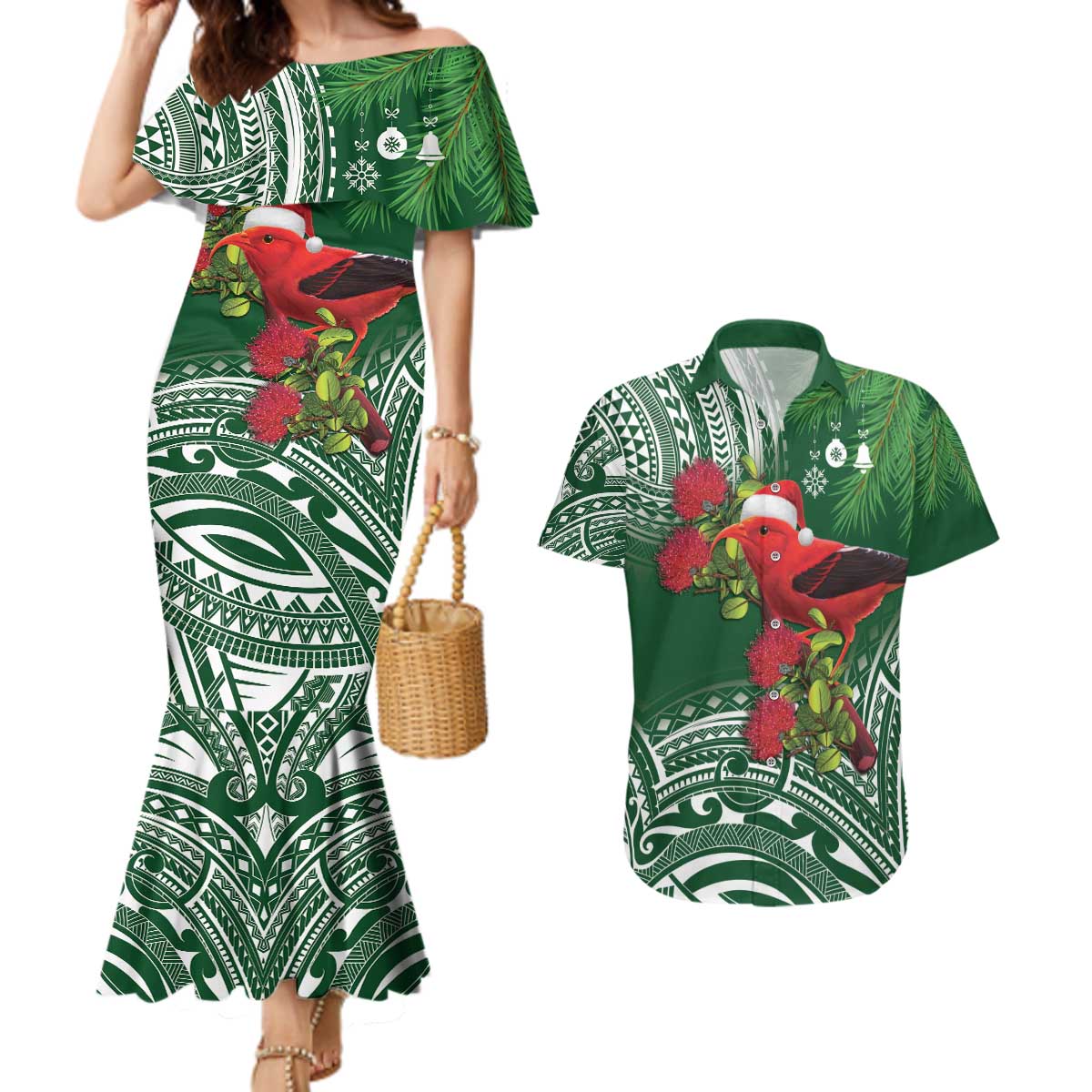 Christmas Hawaii with I'iwi Bird Couples Matching Mermaid Dress and Hawaiian Shirt Aloha Mele Kalikimaka - Green Art LT9 Green - Polynesian Pride