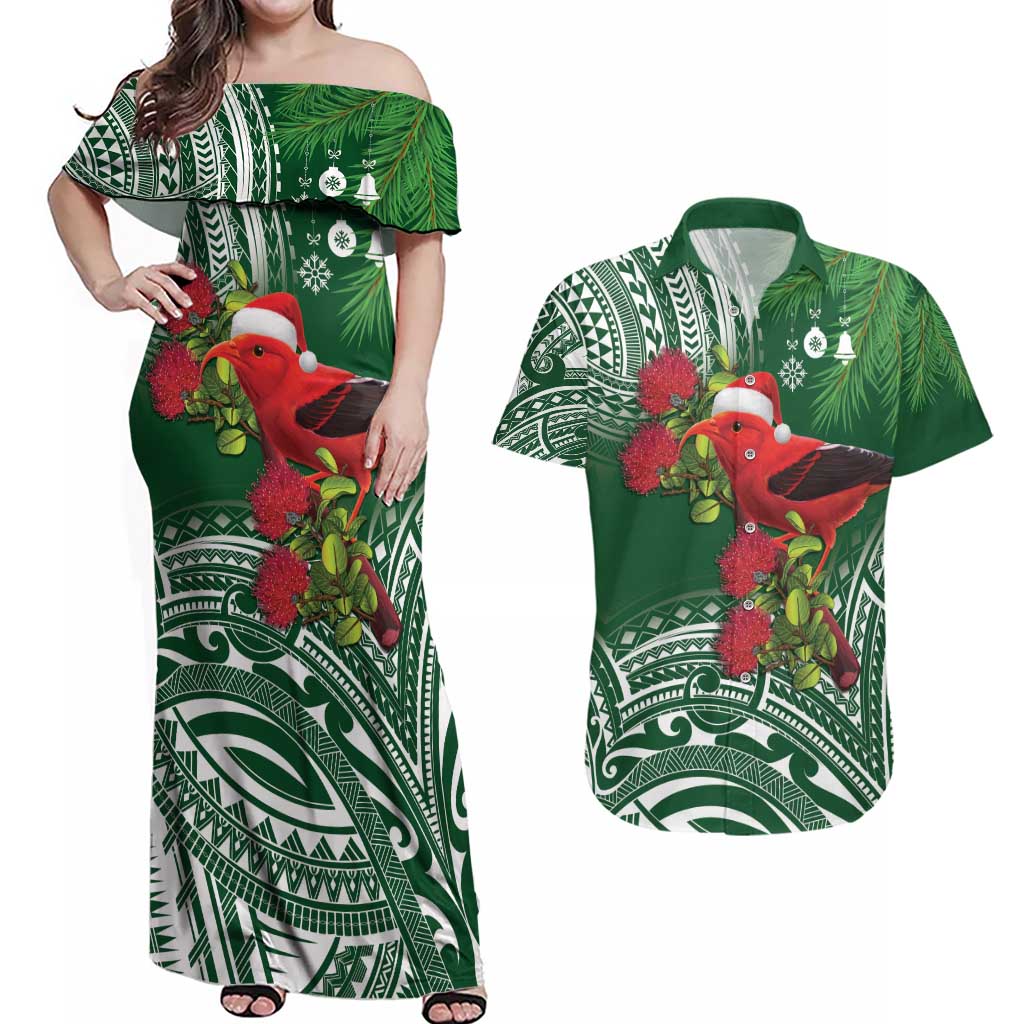 Christmas Hawaii with I'iwi Bird Couples Matching Off Shoulder Maxi Dress and Hawaiian Shirt Aloha Mele Kalikimaka - Green Art LT9 Green - Polynesian Pride