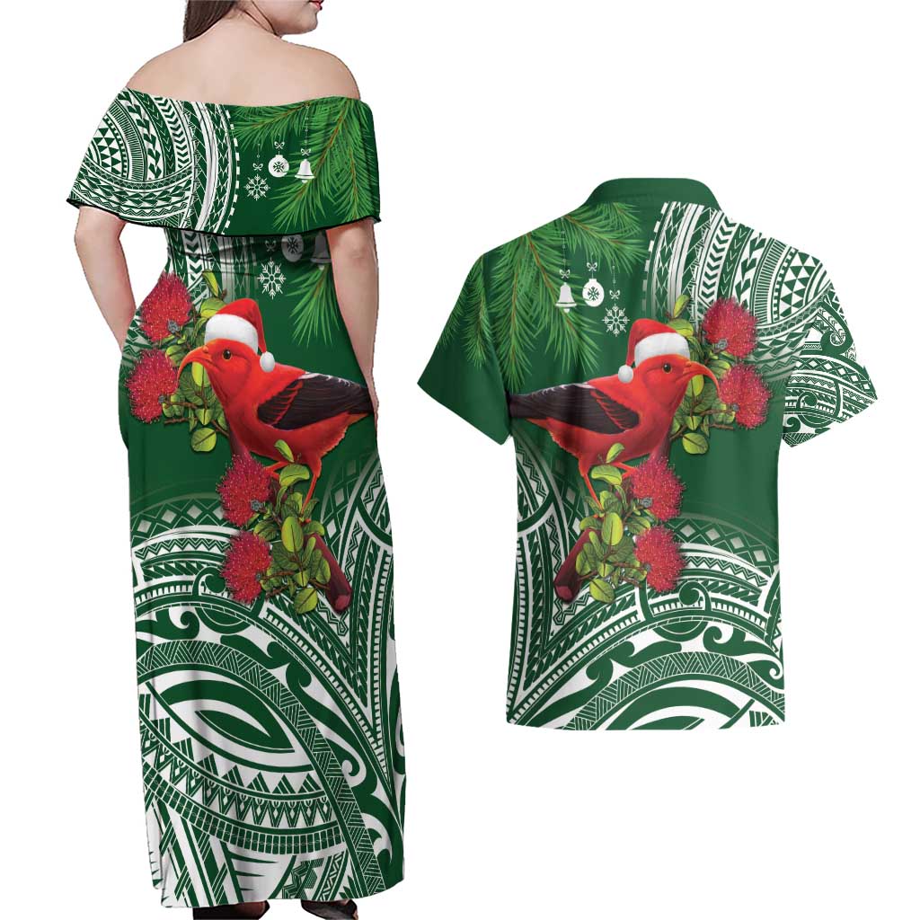Christmas Hawaii with I'iwi Bird Couples Matching Off Shoulder Maxi Dress and Hawaiian Shirt Aloha Mele Kalikimaka - Green Art LT9 - Polynesian Pride