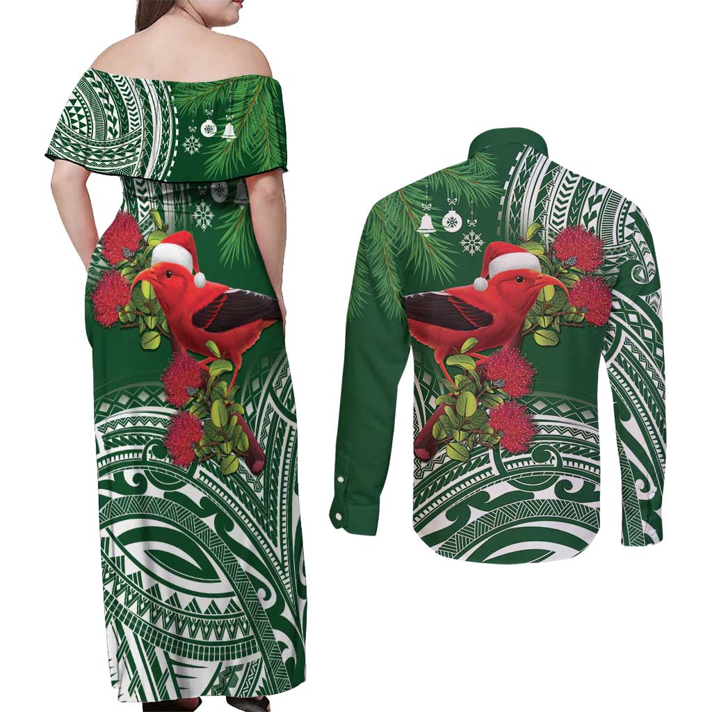 Christmas Hawaii with I'iwi Bird Couples Matching Off Shoulder Maxi Dress and Long Sleeve Button Shirt Aloha Mele Kalikimaka - Green Art LT9 - Polynesian Pride