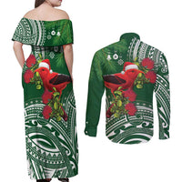 Christmas Hawaii with I'iwi Bird Couples Matching Off Shoulder Maxi Dress and Long Sleeve Button Shirt Aloha Mele Kalikimaka - Green Art LT9 - Polynesian Pride