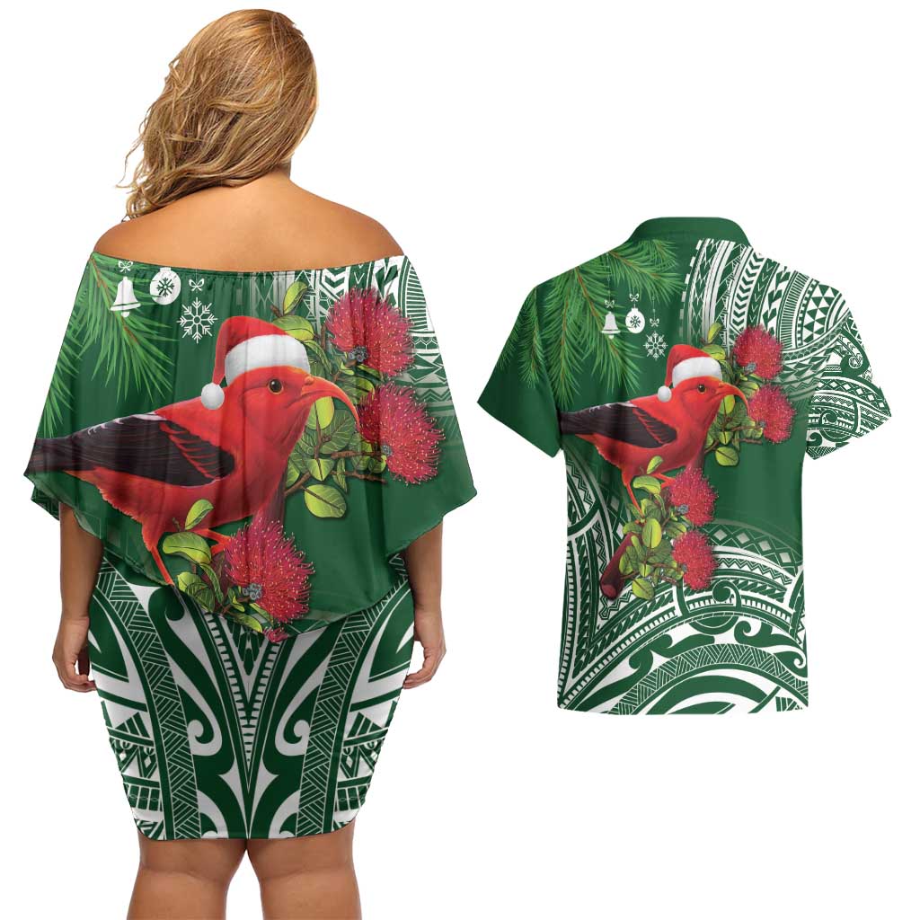 Christmas Hawaii with I'iwi Bird Couples Matching Off Shoulder Short Dress and Hawaiian Shirt Aloha Mele Kalikimaka - Green Art LT9 - Polynesian Pride
