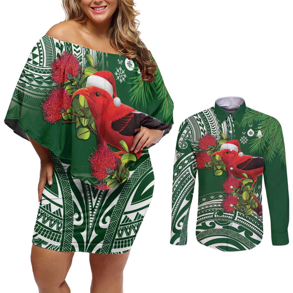 Christmas Hawaii with I'iwi Bird Couples Matching Off Shoulder Short Dress and Long Sleeve Button Shirt Aloha Mele Kalikimaka - Green Art LT9 Green - Polynesian Pride