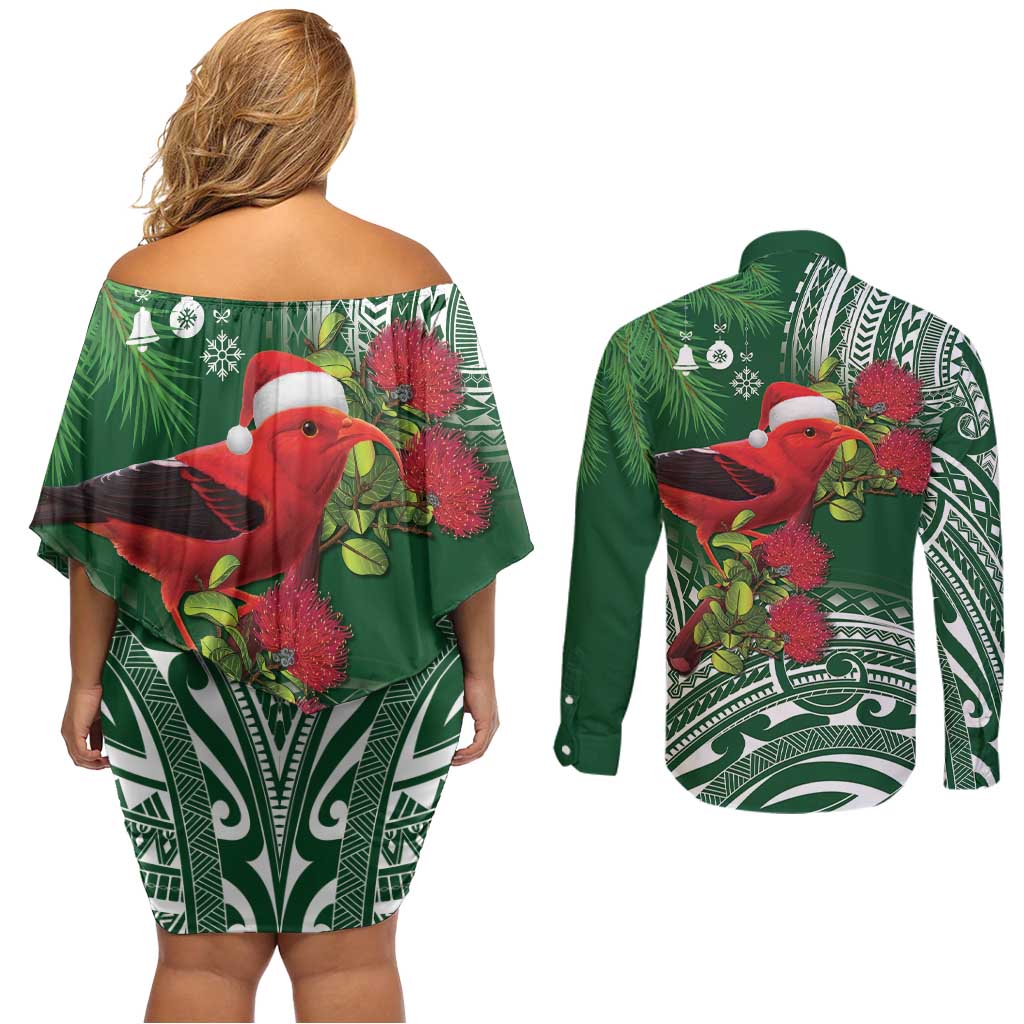 Christmas Hawaii with I'iwi Bird Couples Matching Off Shoulder Short Dress and Long Sleeve Button Shirt Aloha Mele Kalikimaka - Green Art LT9 - Polynesian Pride