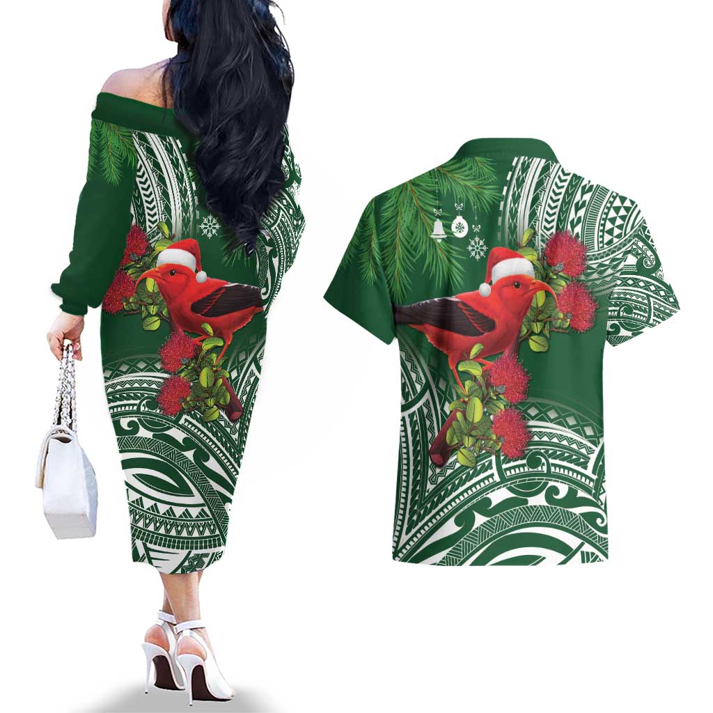 Christmas Hawaii with I'iwi Bird Couples Matching Off The Shoulder Long Sleeve Dress and Hawaiian Shirt Aloha Mele Kalikimaka - Green Art LT9 - Polynesian Pride