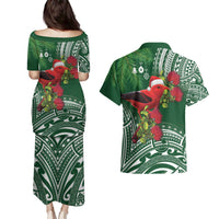 Christmas Hawaii with I'iwi Bird Couples Matching Puletasi and Hawaiian Shirt Aloha Mele Kalikimaka - Green Art LT9 - Polynesian Pride