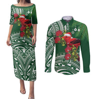 Christmas Hawaii with I'iwi Bird Couples Matching Puletasi and Long Sleeve Button Shirt Aloha Mele Kalikimaka - Green Art LT9 Green - Polynesian Pride