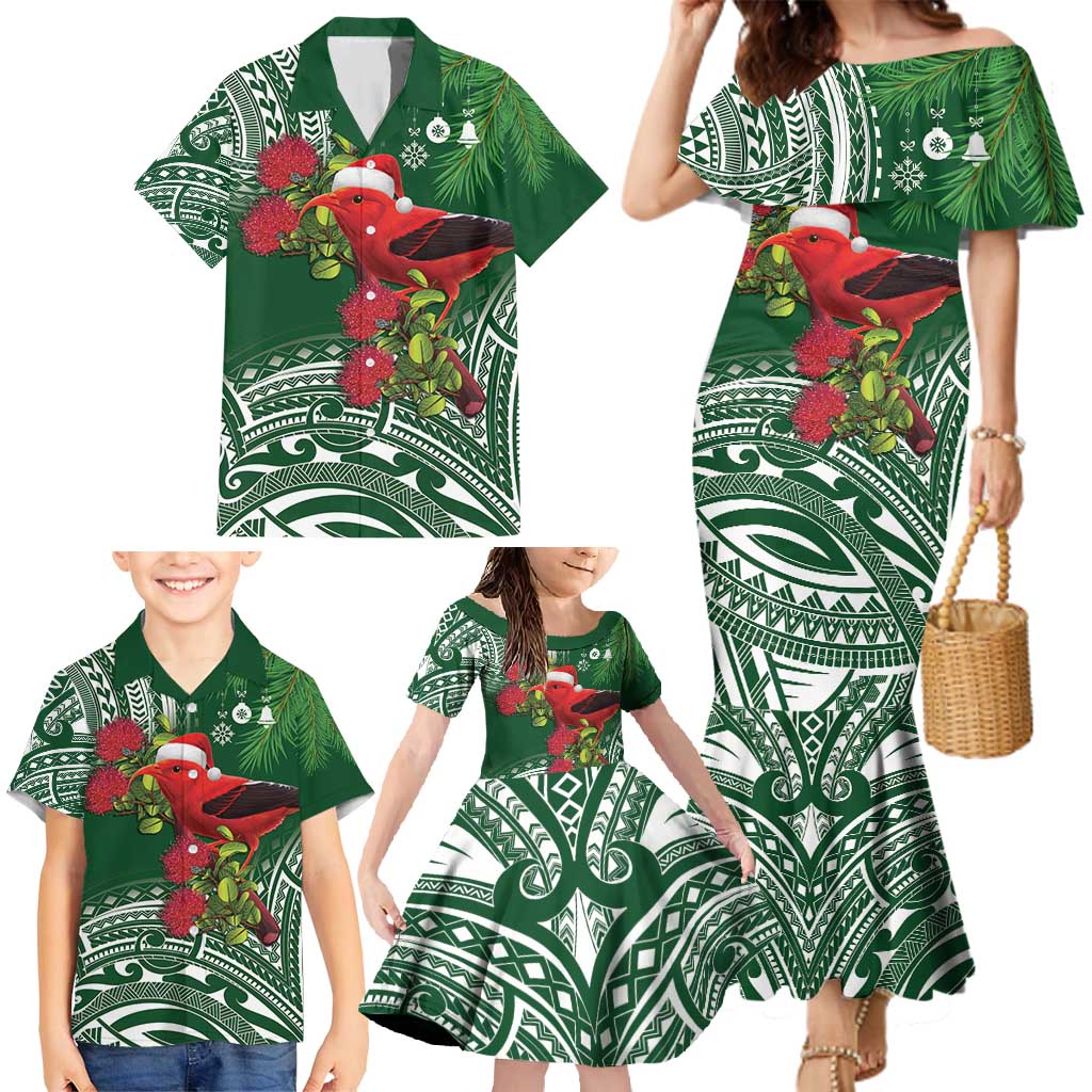 Christmas Hawaii with I'iwi Bird Family Matching Mermaid Dress and Hawaiian Shirt Aloha Mele Kalikimaka - Green Art LT9 - Polynesian Pride