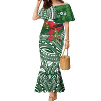 Christmas Hawaii with I'iwi Bird Family Matching Mermaid Dress and Hawaiian Shirt Aloha Mele Kalikimaka - Green Art LT9 Mom's Dress Green - Polynesian Pride