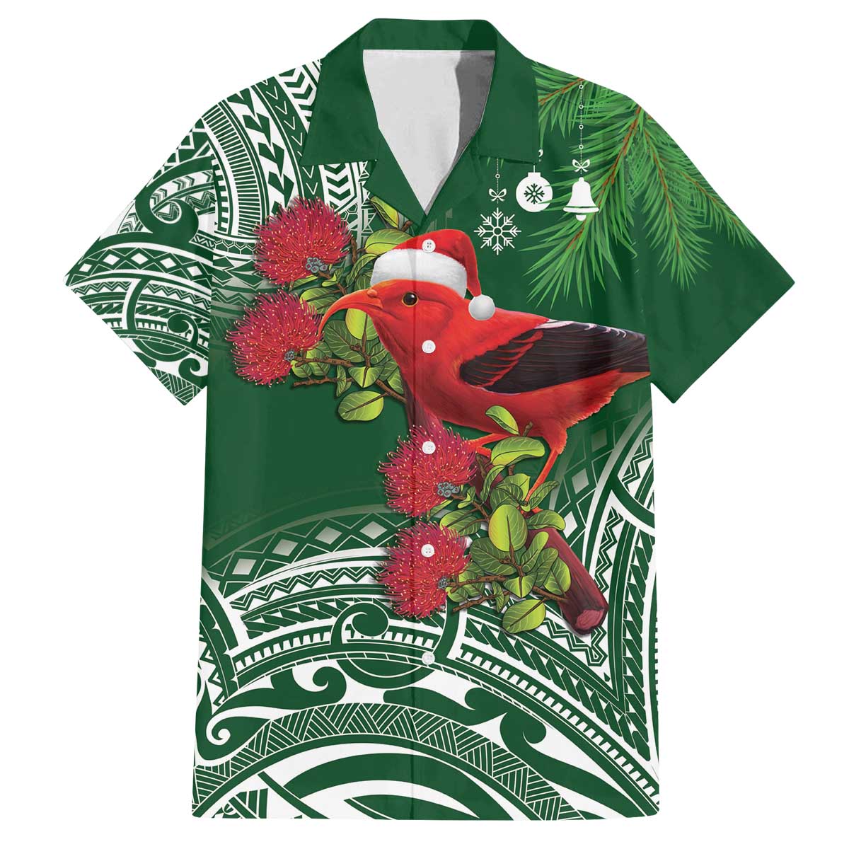 Christmas Hawaii with I'iwi Bird Family Matching Off The Shoulder Long Sleeve Dress and Hawaiian Shirt Aloha Mele Kalikimaka - Green Art LT9 Dad's Shirt - Short Sleeve Green - Polynesian Pride