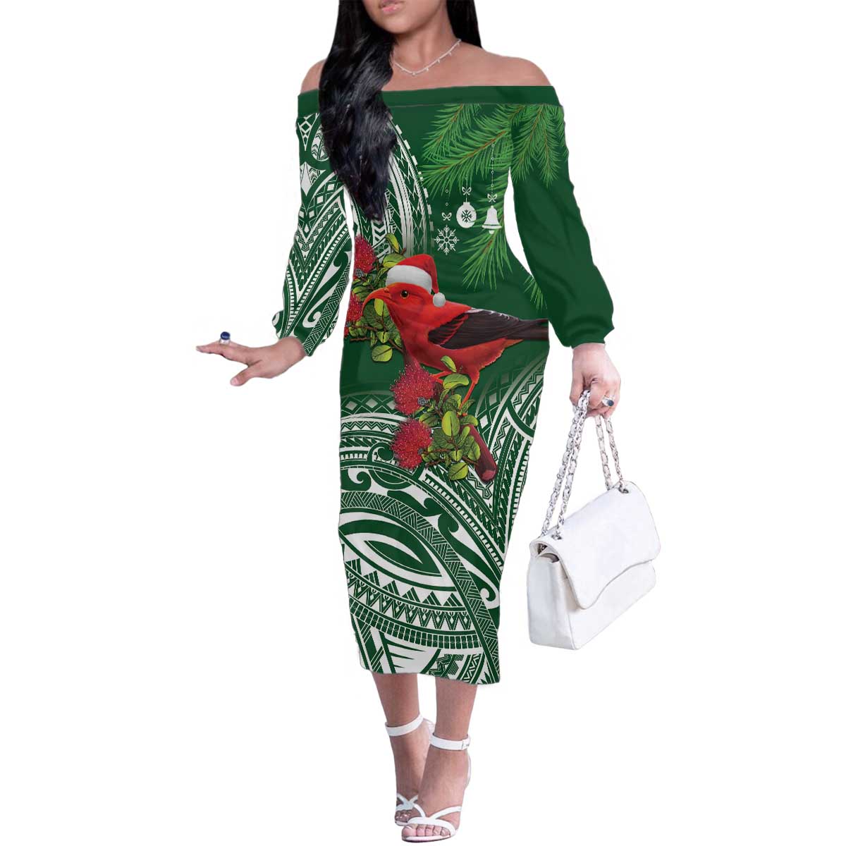 Christmas Hawaii with I'iwi Bird Family Matching Off The Shoulder Long Sleeve Dress and Hawaiian Shirt Aloha Mele Kalikimaka - Green Art LT9 Mom's Dress Green - Polynesian Pride