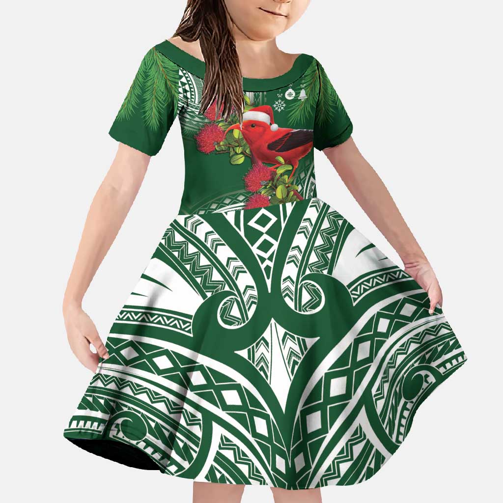 Christmas Hawaii with I'iwi Bird Family Matching Off Shoulder Maxi Dress and Hawaiian Shirt Aloha Mele Kalikimaka - Green Art LT9 Daughter's Dress Green - Polynesian Pride