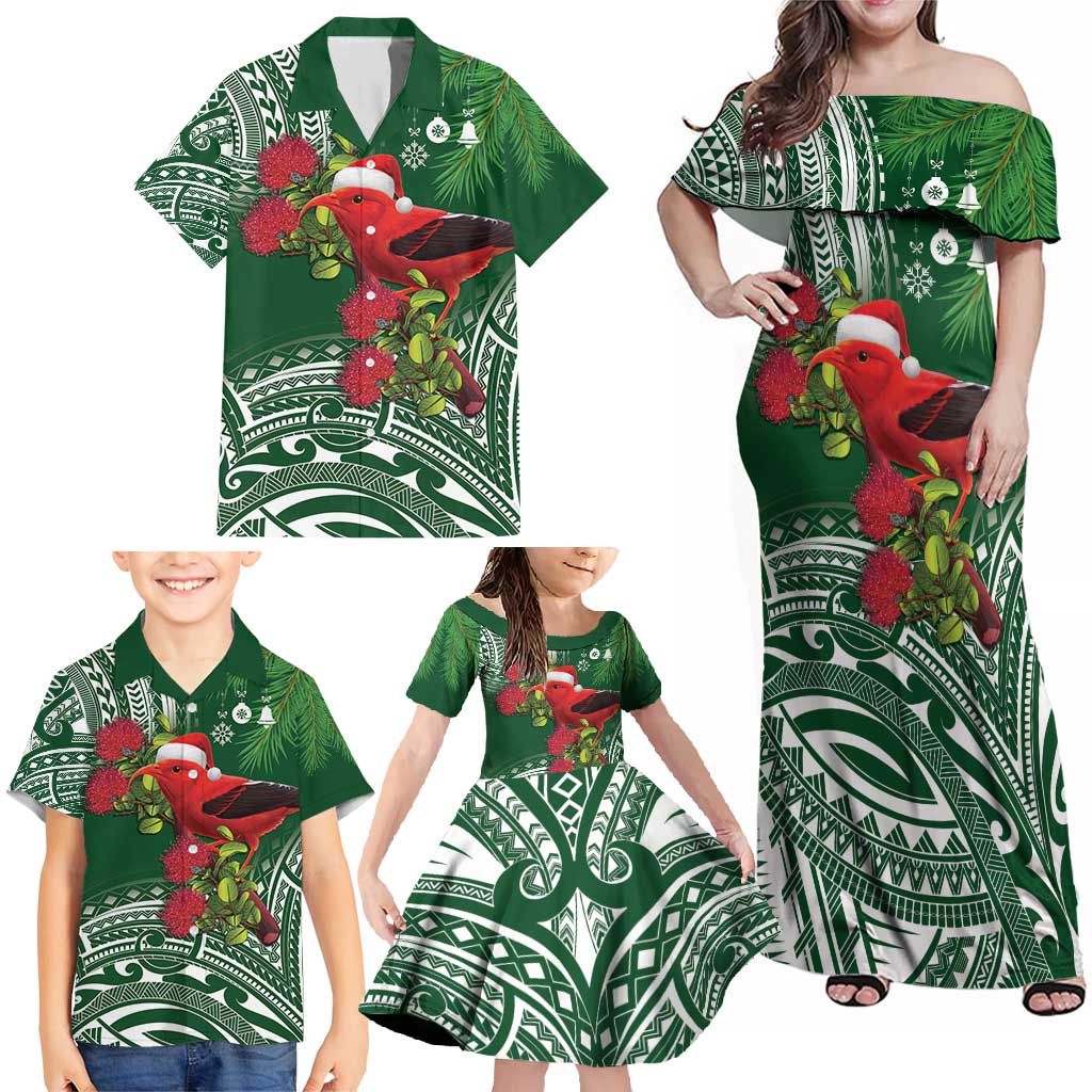 Christmas Hawaii with I'iwi Bird Family Matching Off Shoulder Maxi Dress and Hawaiian Shirt Aloha Mele Kalikimaka - Green Art LT9 - Polynesian Pride