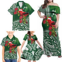 Christmas Hawaii with I'iwi Bird Family Matching Off Shoulder Maxi Dress and Hawaiian Shirt Aloha Mele Kalikimaka - Green Art LT9 - Polynesian Pride