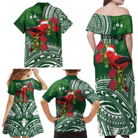 Christmas Hawaii with I'iwi Bird Family Matching Off Shoulder Maxi Dress and Hawaiian Shirt Aloha Mele Kalikimaka - Green Art LT9 - Polynesian Pride