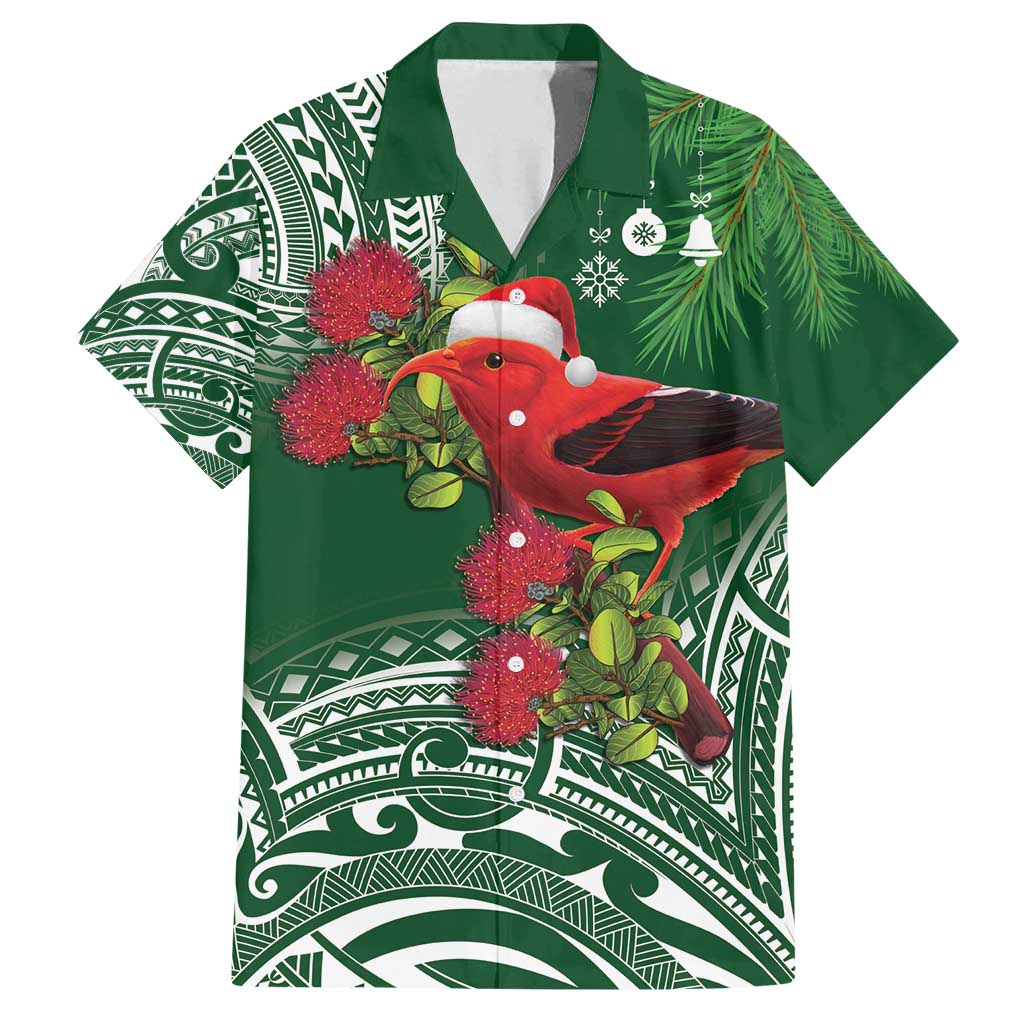 Christmas Hawaii with I'iwi Bird Family Matching Off Shoulder Maxi Dress and Hawaiian Shirt Aloha Mele Kalikimaka - Green Art LT9 Dad's Shirt - Short Sleeve Green - Polynesian Pride