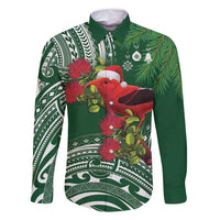 Christmas Hawaii with I'iwi Bird Family Matching Off Shoulder Maxi Dress and Hawaiian Shirt Aloha Mele Kalikimaka - Green Art LT9 Dad's Shirt - Long Sleeve Green - Polynesian Pride