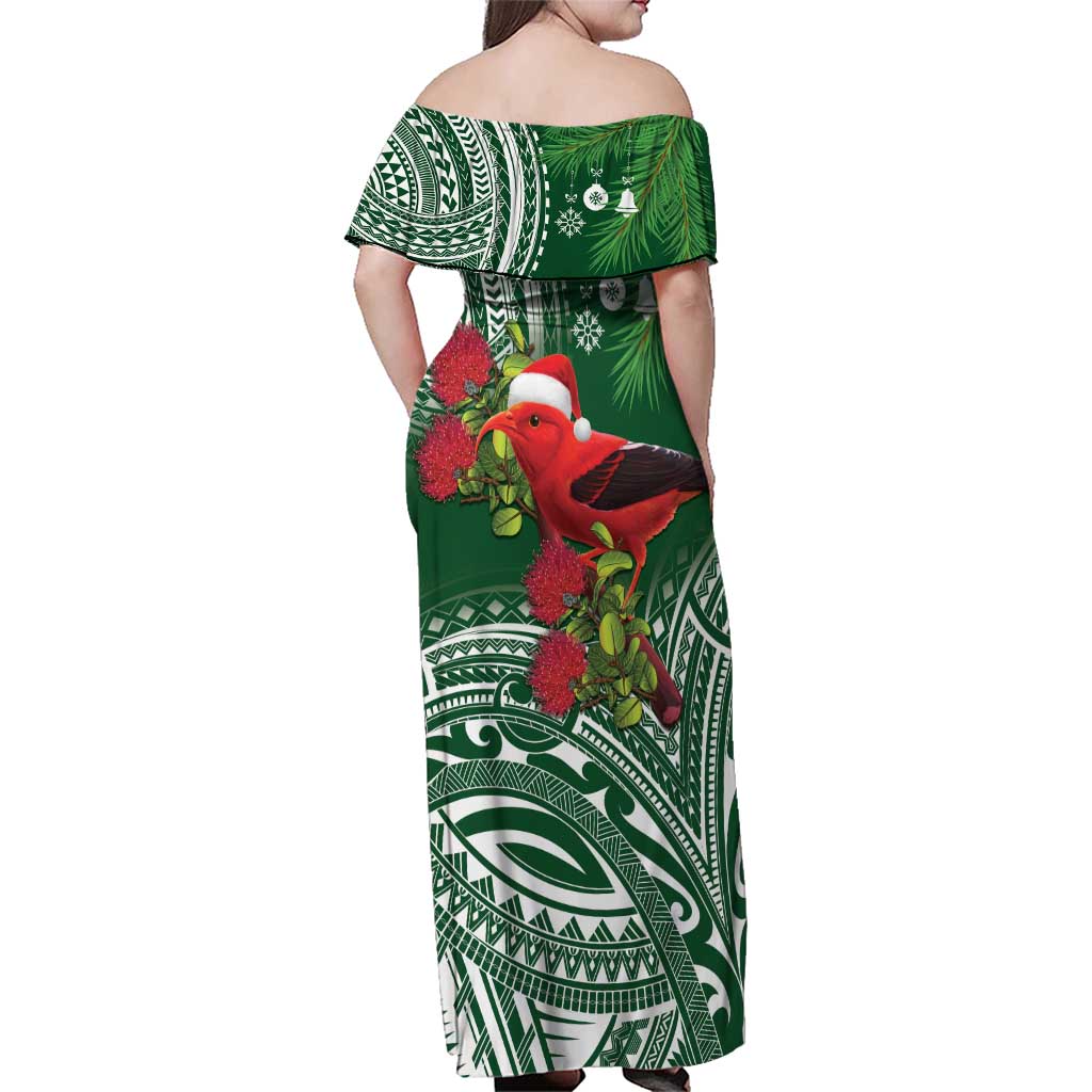 Christmas Hawaii with I'iwi Bird Family Matching Off Shoulder Maxi Dress and Hawaiian Shirt Aloha Mele Kalikimaka - Green Art LT9 - Polynesian Pride