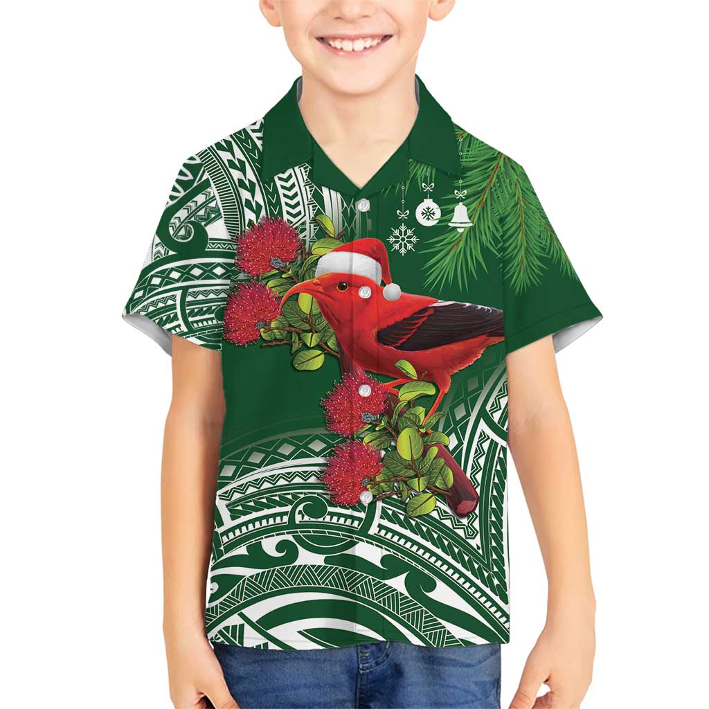 Christmas Hawaii with I'iwi Bird Family Matching Off Shoulder Maxi Dress and Hawaiian Shirt Aloha Mele Kalikimaka - Green Art LT9 Son's Shirt Green - Polynesian Pride
