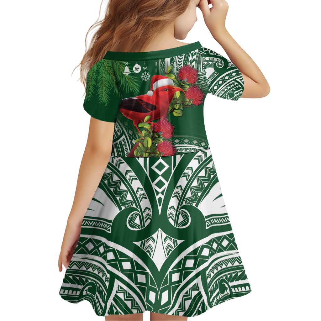 Christmas Hawaii with I'iwi Bird Family Matching Off Shoulder Short Dress and Hawaiian Shirt Aloha Mele Kalikimaka - Green Art LT9 - Polynesian Pride