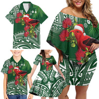 Christmas Hawaii with I'iwi Bird Family Matching Off Shoulder Short Dress and Hawaiian Shirt Aloha Mele Kalikimaka - Green Art LT9 - Polynesian Pride