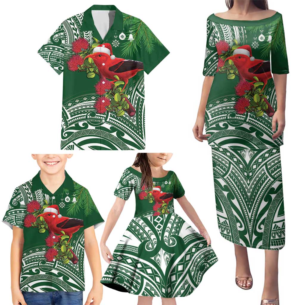 Christmas Hawaii with I'iwi Bird Family Matching Puletasi and Hawaiian Shirt Aloha Mele Kalikimaka - Green Art LT9 - Polynesian Pride