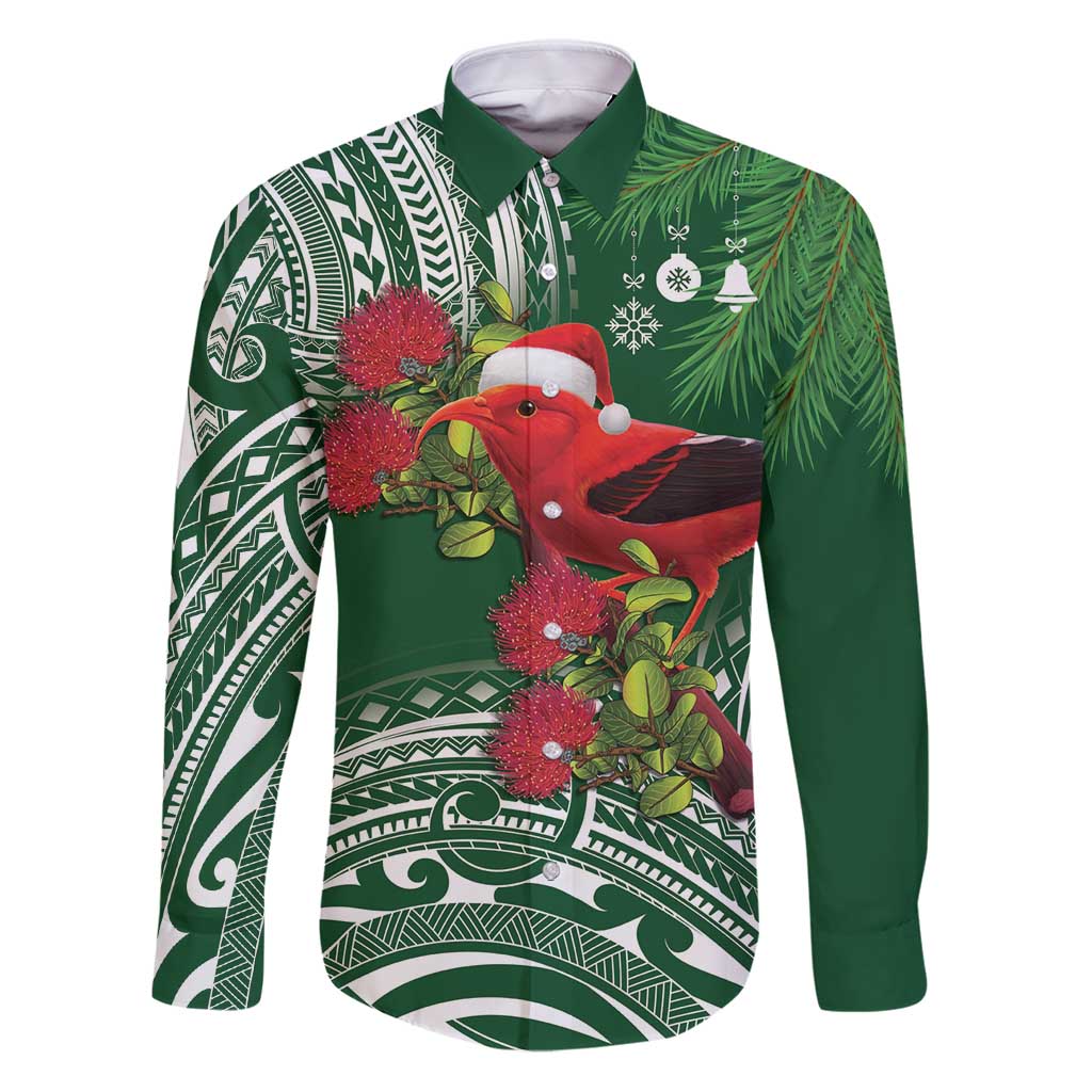 Christmas Hawaii with I'iwi Bird Family Matching Puletasi and Hawaiian Shirt Aloha Mele Kalikimaka - Green Art LT9 Dad's Shirt - Long Sleeve Green - Polynesian Pride