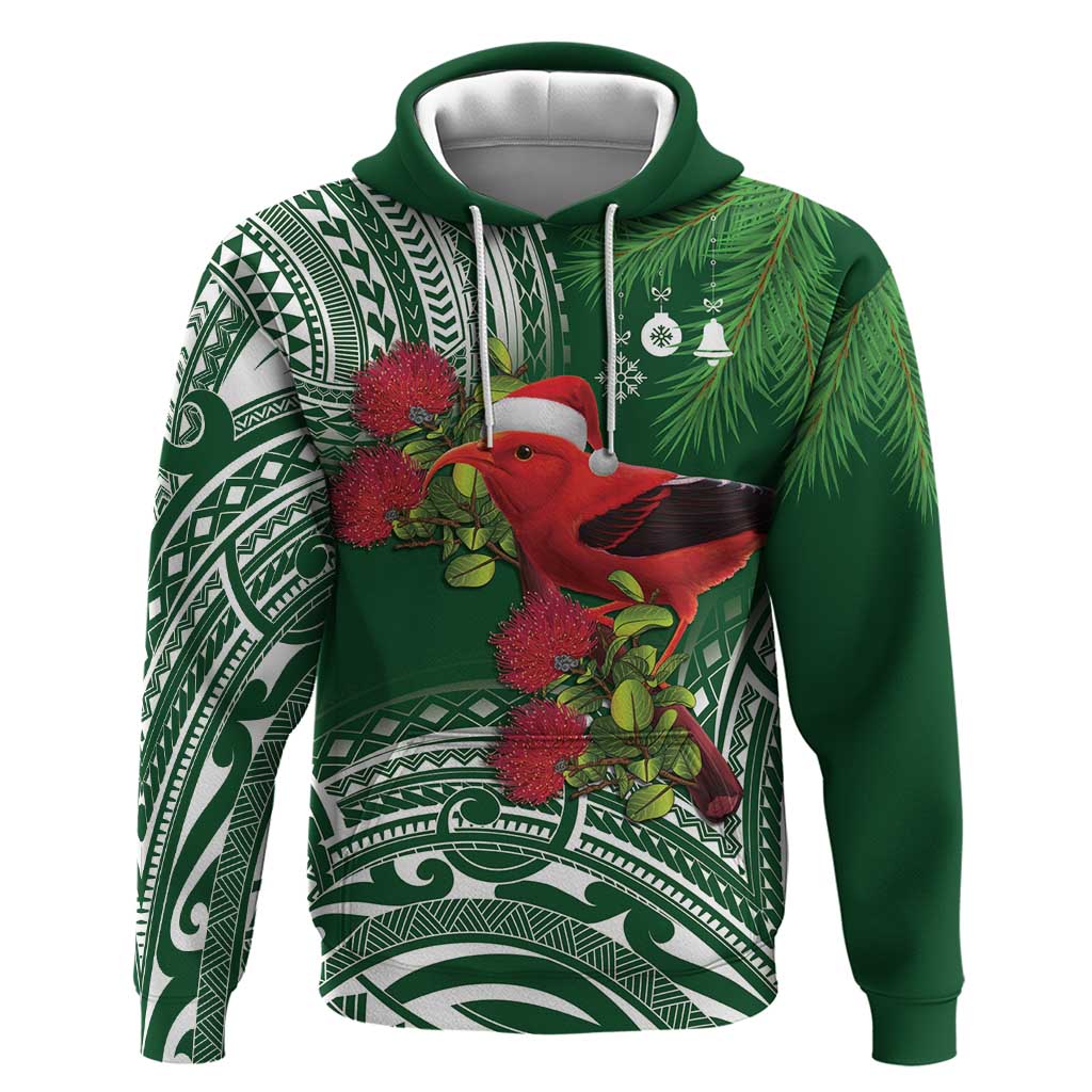 Christmas Hawaii with I'iwi Bird Hoodie Aloha Mele Kalikimaka - Green Art LT9 Pullover Hoodie Green - Polynesian Pride