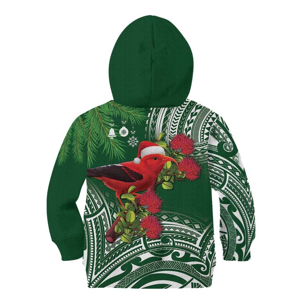 Christmas Hawaii with I'iwi Bird Kid Hoodie Aloha Mele Kalikimaka - Green Art LT9 - Polynesian Pride