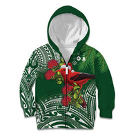 Christmas Hawaii with I'iwi Bird Kid Hoodie Aloha Mele Kalikimaka - Green Art LT9 Zip Hoodie Green - Polynesian Pride