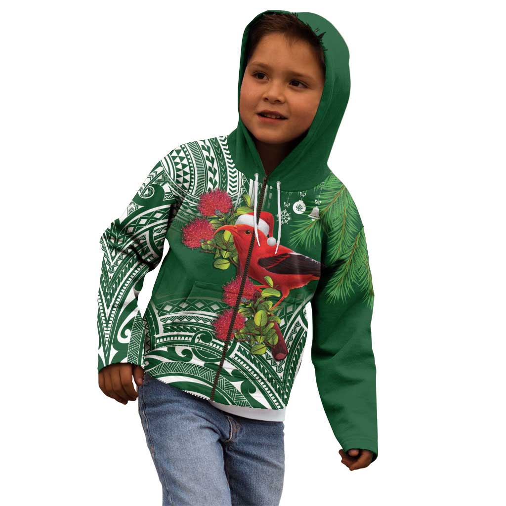 Christmas Hawaii with I'iwi Bird Kid Hoodie Aloha Mele Kalikimaka - Green Art LT9 - Polynesian Pride