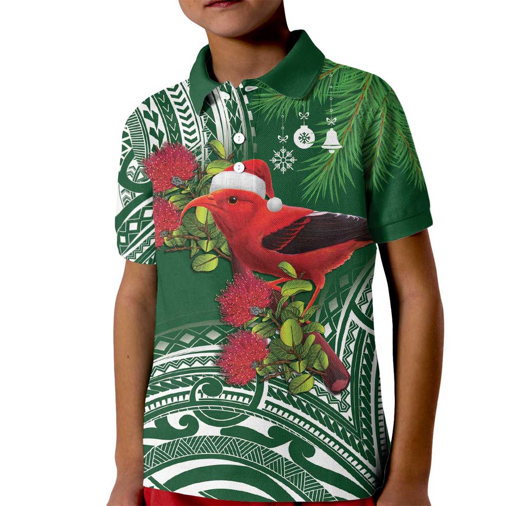 Christmas Hawaii with I'iwi Bird Kid Polo Shirt Aloha Mele Kalikimaka - Green Art LT9 Kid Green - Polynesian Pride