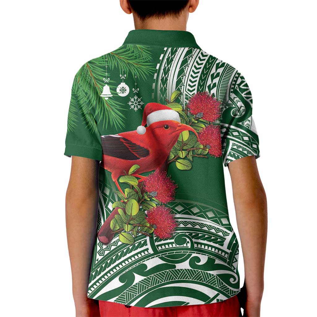 Christmas Hawaii with I'iwi Bird Kid Polo Shirt Aloha Mele Kalikimaka - Green Art LT9 - Polynesian Pride