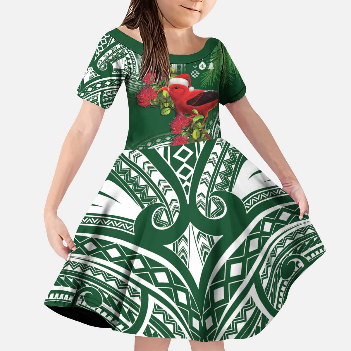 Christmas Hawaii with I'iwi Bird Kid Short Sleeve Dress Aloha Mele Kalikimaka - Green Art LT9 KID Green - Polynesian Pride