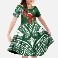 Christmas Hawaii with I'iwi Bird Kid Short Sleeve Dress Aloha Mele Kalikimaka - Green Art LT9 KID Green - Polynesian Pride