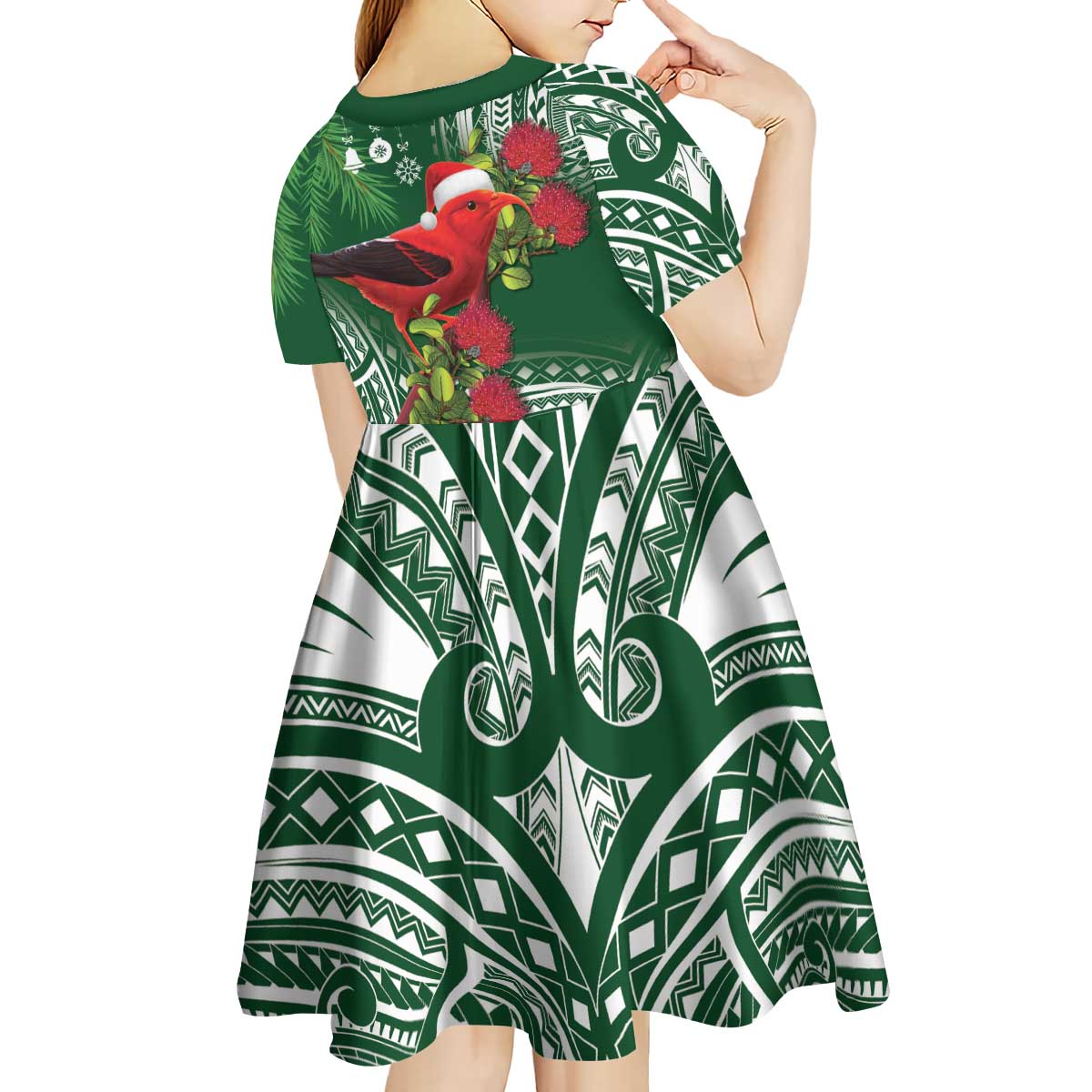 Christmas Hawaii with I'iwi Bird Kid Short Sleeve Dress Aloha Mele Kalikimaka - Green Art LT9 - Polynesian Pride