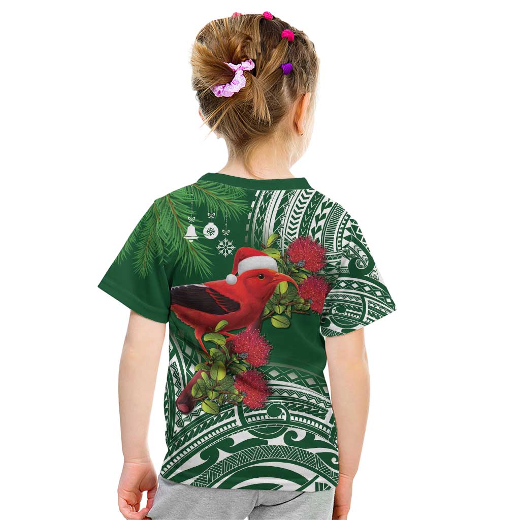 Christmas Hawaii with I'iwi Bird Kid T Shirt Aloha Mele Kalikimaka - Green Art LT9 - Polynesian Pride