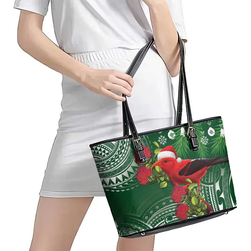 Christmas Hawaii with I'iwi Bird Leather Tote Bag Aloha Mele Kalikimaka - Green Art LT9 - Polynesian Pride