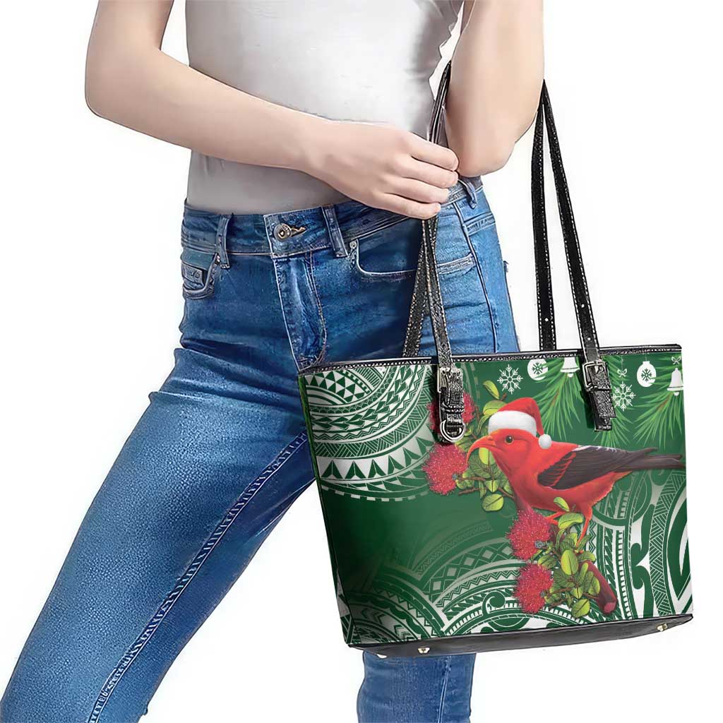 Christmas Hawaii with I'iwi Bird Leather Tote Bag Aloha Mele Kalikimaka - Green Art LT9 - Polynesian Pride