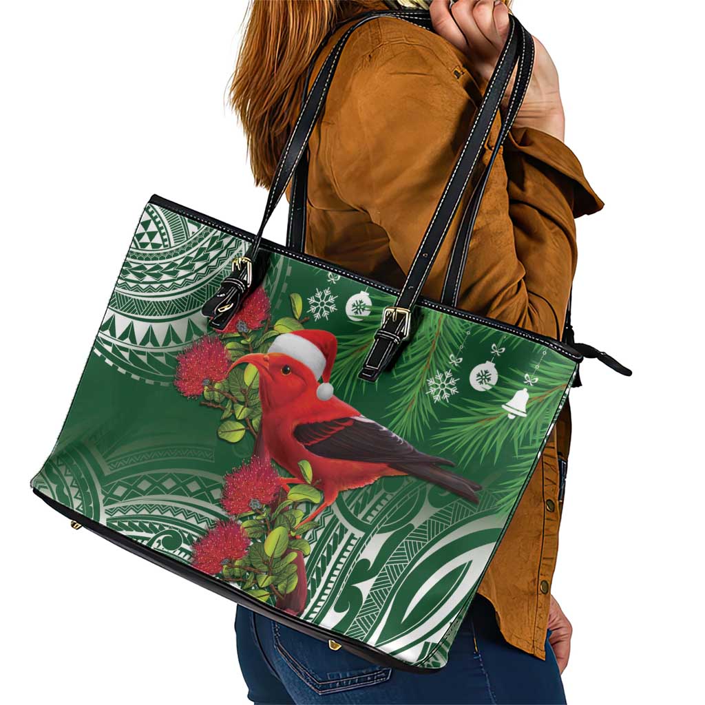 Christmas Hawaii with I'iwi Bird Leather Tote Bag Aloha Mele Kalikimaka - Green Art LT9 - Polynesian Pride