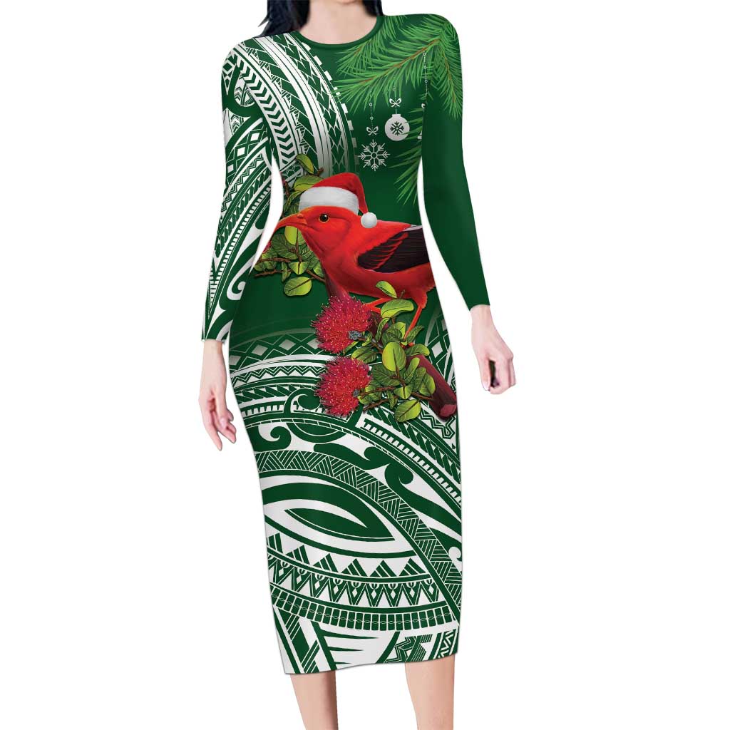 Christmas Hawaii with I'iwi Bird Long Sleeve Bodycon Dress Aloha Mele Kalikimaka - Green Art LT9 Long Dress Green - Polynesian Pride