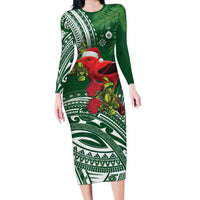 Christmas Hawaii with I'iwi Bird Long Sleeve Bodycon Dress Aloha Mele Kalikimaka - Green Art LT9 Long Dress Green - Polynesian Pride